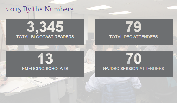 CASJE by the Numbers; 3345 Total Blogcast Readers; 79 Total PFC Attendees; 13 Emerging Scholars; 70 NAJDSC Session Attendees