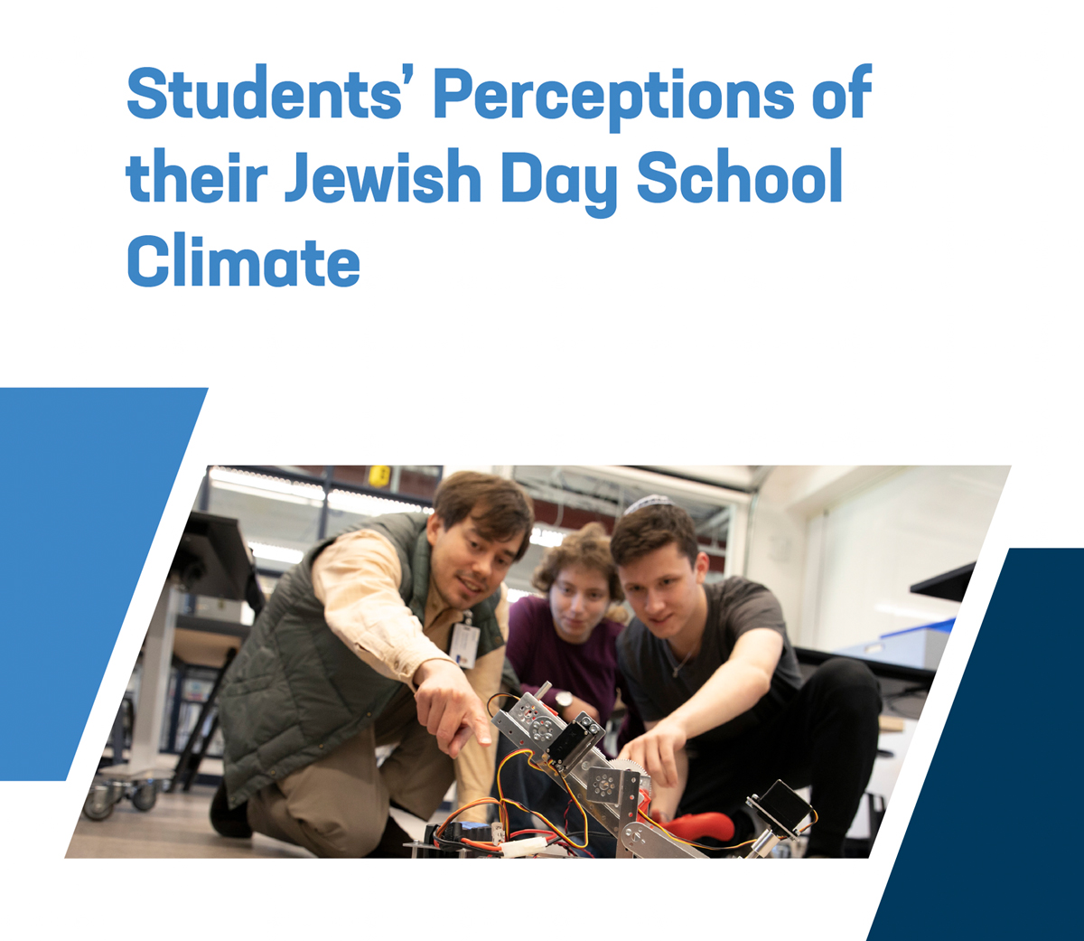 screenshot of report cover: Students’ Perceptions of their Jewish Day School Climate (image of three high school students tinkering with electronic)