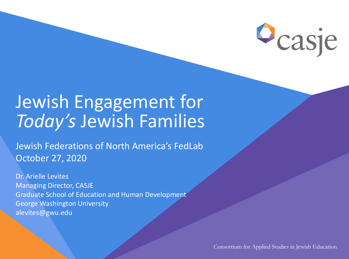 Jewish Engagement for Today's Jewish Families | Jewish Federations of North America's FedLab October 27. 2020  |   Dr. Arielle Levites, Managing Director, CASJE Graduate School of Education and Human Development, George Washington University, alevites@gwu.edu