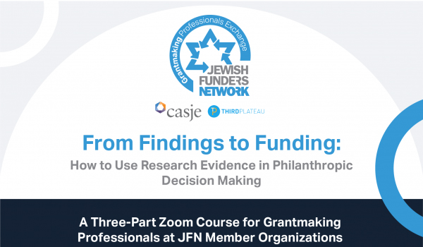 From Findings to Funding: How to Use Research Evidence in Philanthropic Decision Making (Logos of Jewish Funders Network, CASJE and Third Plateau Social Impact Strategies)