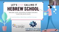 Title slide of webinar: Let's stop calling it Hebrew School: Rationales, goals, and practices of Hebrew education in part-time Jewish Schools | By Sarah Bunin Benor, Netta Avineri, and Nicki Greninger | Sponsored by CASJE and Hebrew at the Center